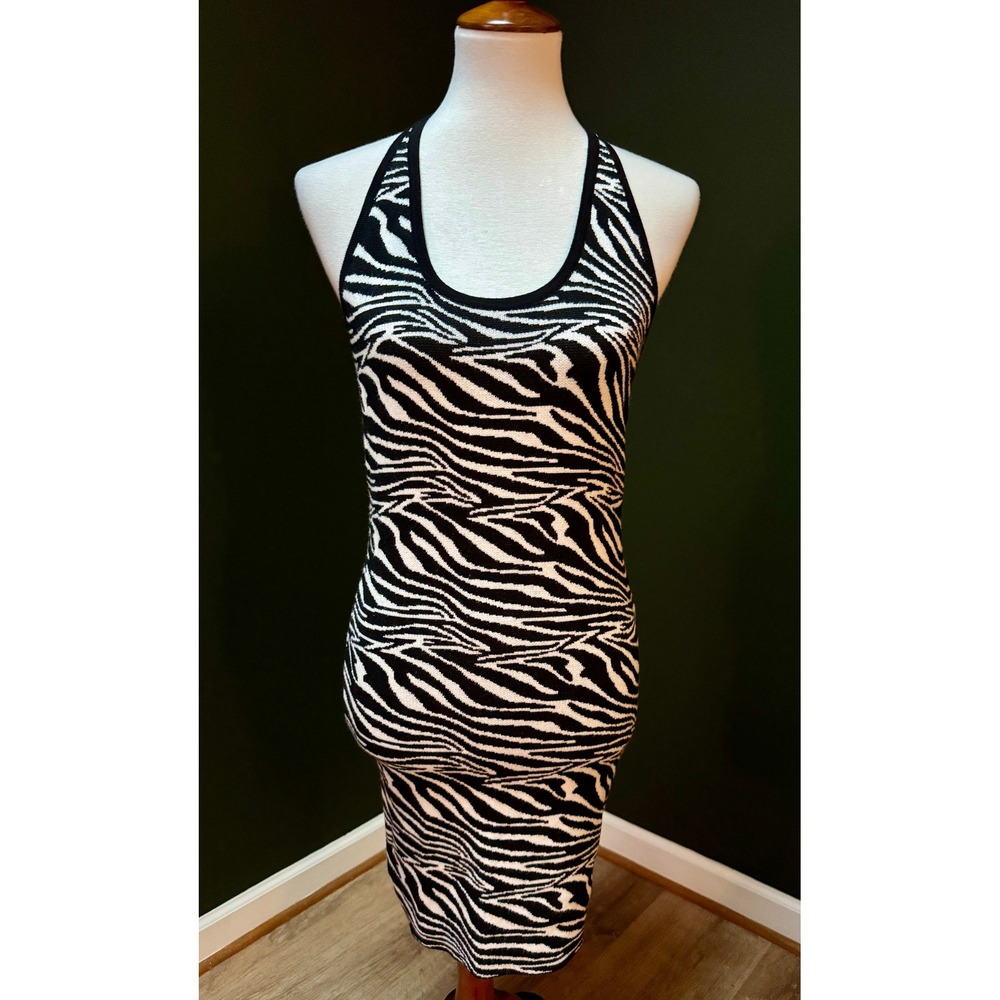 Blanc Clothing Zebra Print Halter Bodycon Midi Dress Women's Size L